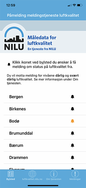 Påmeldingsvinduet i appen VarselLuftNå