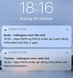 Varsel fra appen "VarselLuftNå"