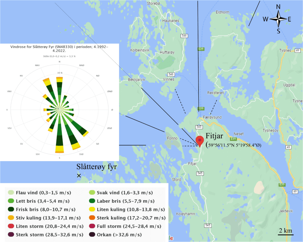 Fitjar-lokasjon (59°56'11.5"N 5°19'58.4"Ø) og vindrose (1992-2022) fra meteorologistasjonen på Slåtterøy fyr.